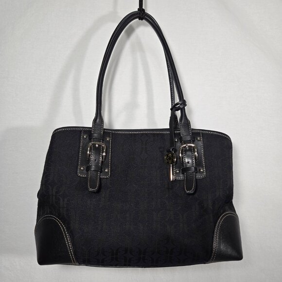 Vintage FOSSIL Y2K Whimsigoth BLACK Signature Canvas Leather Trim Shoulder Bag. - Picture 7 of 17